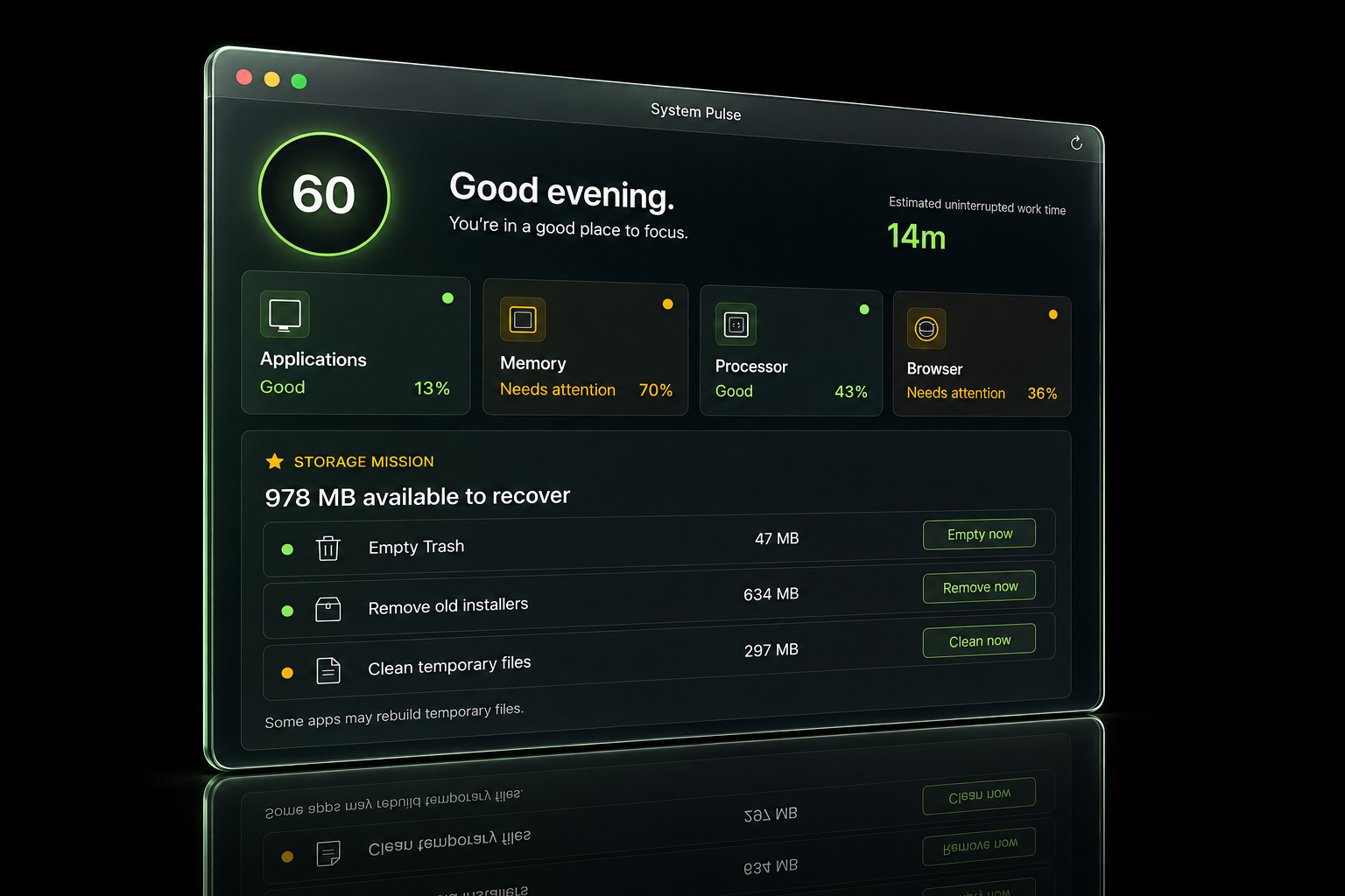 System Pulse Today preview with application status and Storage Mission recovery actions